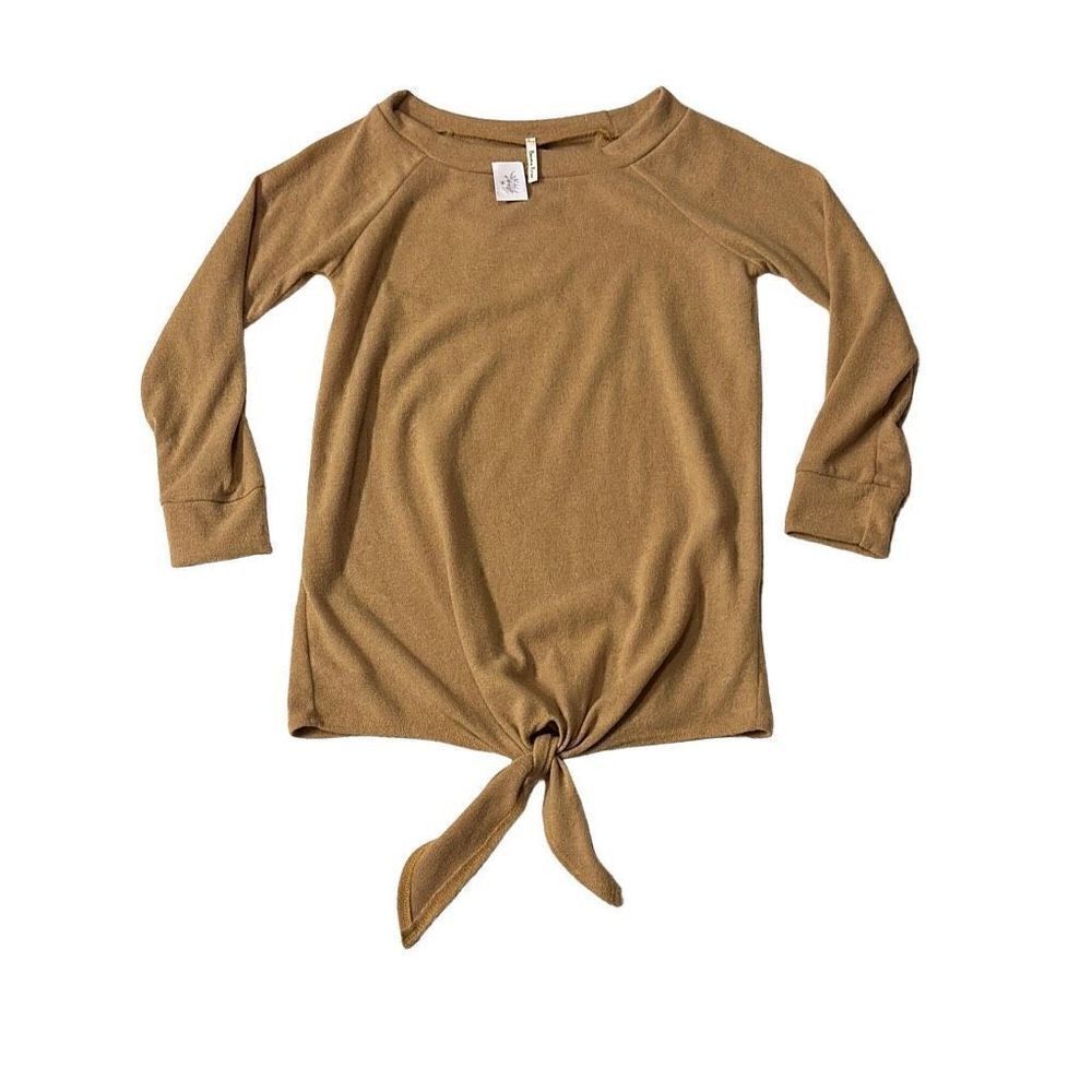 Beeson River Mustard Yellow Womens Tie Knot Hem Shirt Round Neck Top Blouse Smal